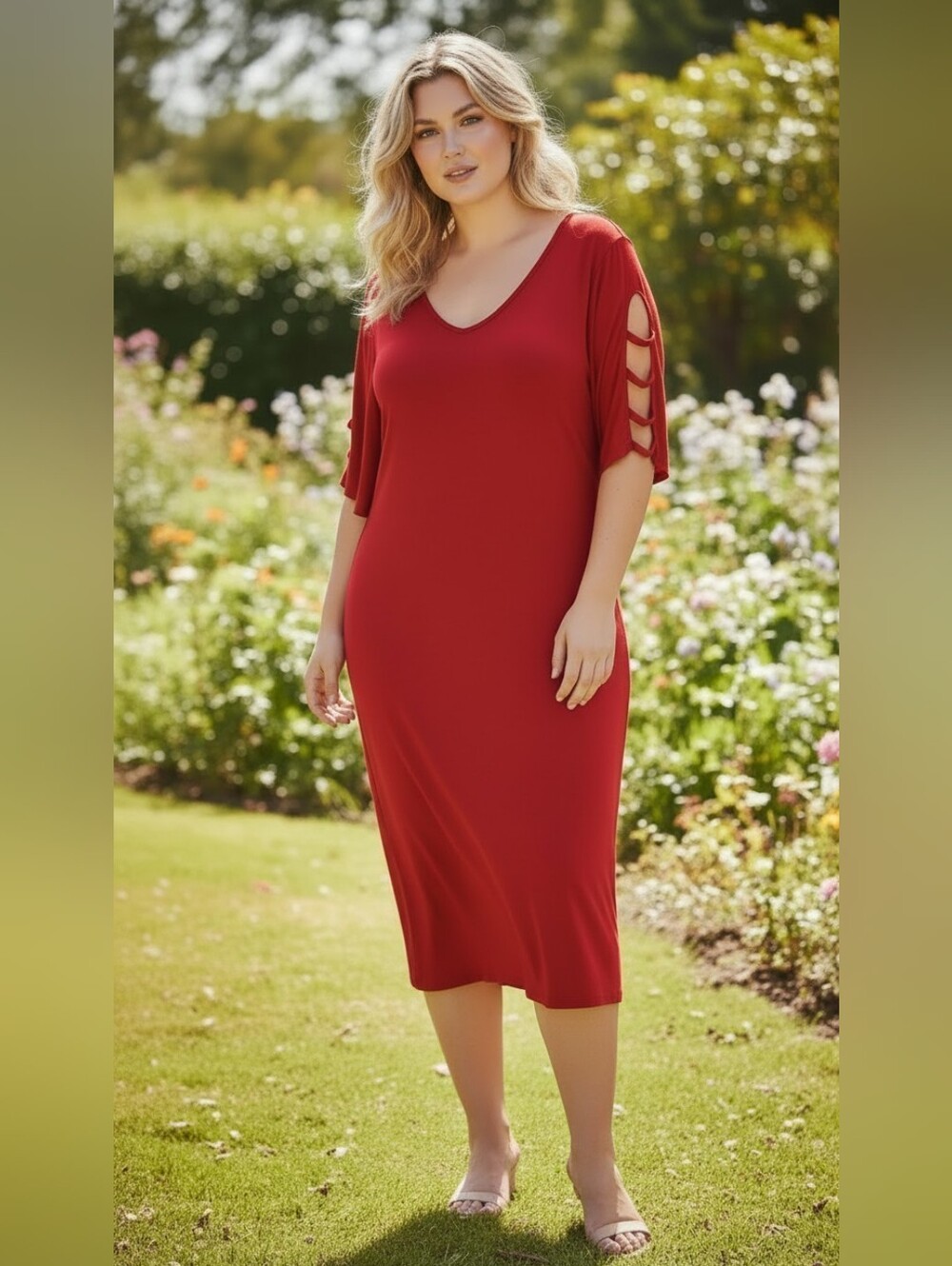 Lane Bryant Red V-Neck Midi Dress with Ladder Sleeve Cutouts